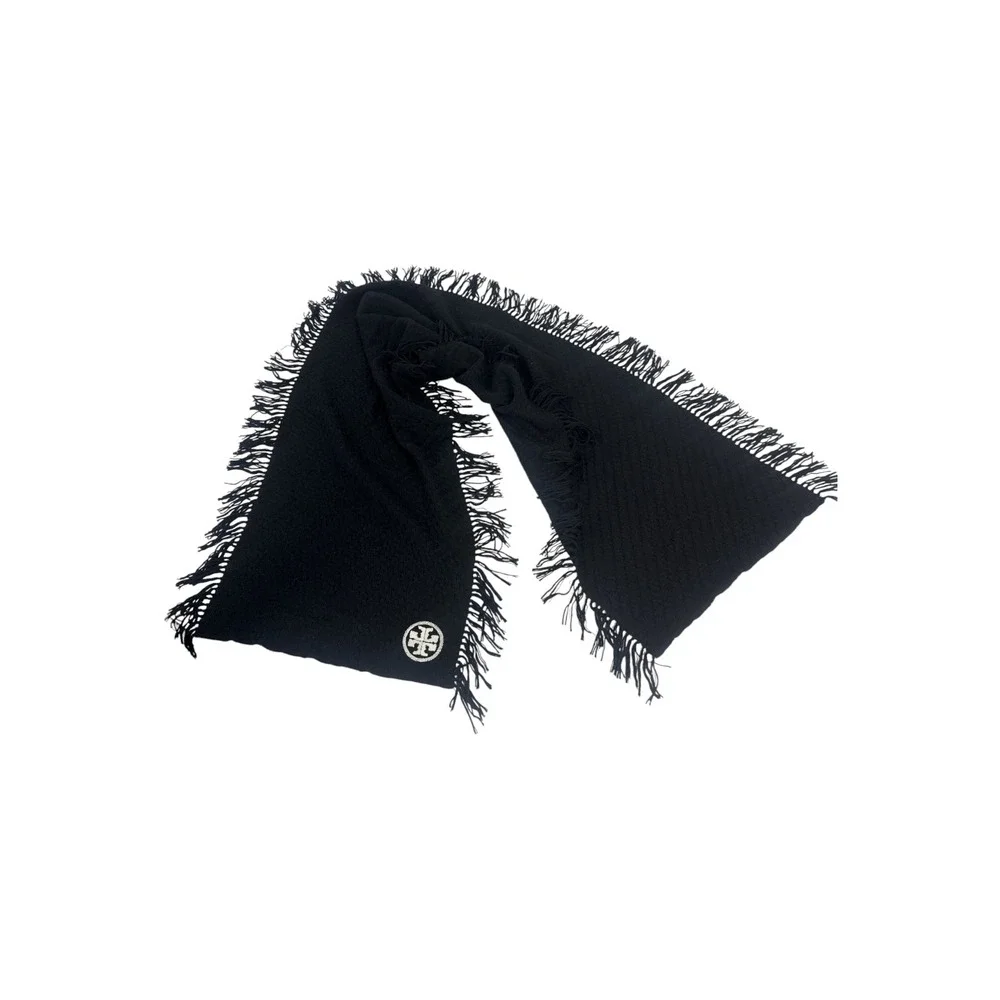 NWOT Tory Burch Black Merino‎ Wool Fringe Wrap Scarf Logo Quiet Luxury Old Money